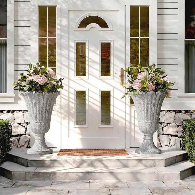 Tall Plastic Urn Planters for Outdoor Plants Set of 2-23.6" H Classic Petal Design Indoor Large Flower Pots with Drainage Holes, Outdoor Planters for Porch Decor/Garden Vase, Grey