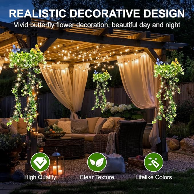Solar Hanging Garden Lights, 4 Pack 66 LEDs Realistic Flower Vine Fairy String Lights, IP65 Waterproof Outdoor for Garden, Patio, Fence Decor, 8-12 Hrs Auto Lighting
