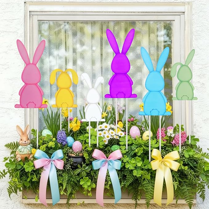 Pickmesh 6 Pcs 20" Easter Outdoor Decorations Easter Yard Sign Metal Bunny Yard Stake Multicolored Rabbits Barn Garden Stake for Planter Pot Spring Walkway Pathway Lawn Decor