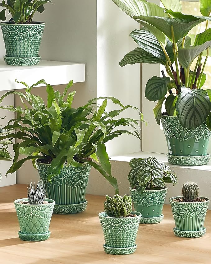 Succulent Ceramic Pots, 3.8 Inch Small Plant Pots with Drainage Hole & Saucer, Flower Planter Pot for Indoor Plants Cacti, Home Decor, Set of 4, Green