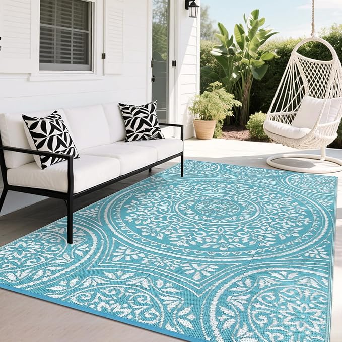 Outdoor Rug 8x10 Waterproof Patio Rugs Boho Floral Reversible Mat for Front Door Rv Foldable Plastic Straw Carpet for Travel Trailers, Deck, Picnic, Porch, Camper, Balcony, Beach，Light Blue