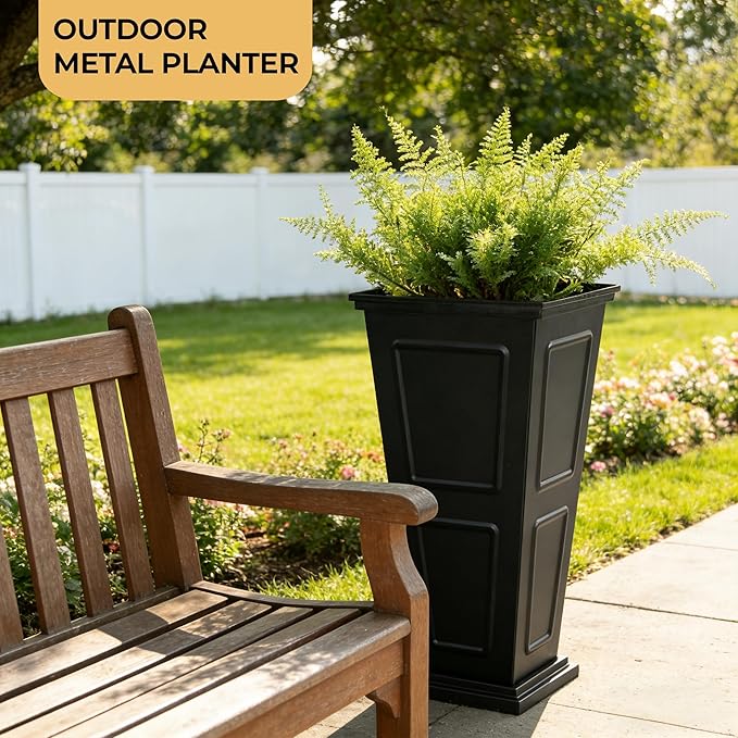 26" Tall Metallic Planter Set of 2, Black Taper Planters with Removable Partition Drainage Holes, Large Outdoor Planter for Front Porch, Garden, Patio, Balcony, Classic Estate Design, All-Weather Use