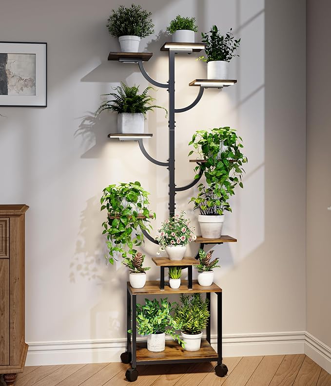 Plant Stand Indoor with Grow Lights - 9-Tier Plant Stand with Wheels, Tall Metal and Wood Indoor Plant Shelf with Tree Design, Rolling Flower Pot Holder Rack with Waterproof Finish, Adjustable Display Stand for Home Garden, Patio, 62" Tall