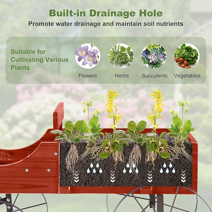 Wooden Wagon Planter, Decorative Garden Wheelbarrow Planter with 2 Planting Sections, Rolling Wheels, Adjustable Handle, Small Wagon Cart Planter Stand for Flowers Vegetables Herbs (Red)