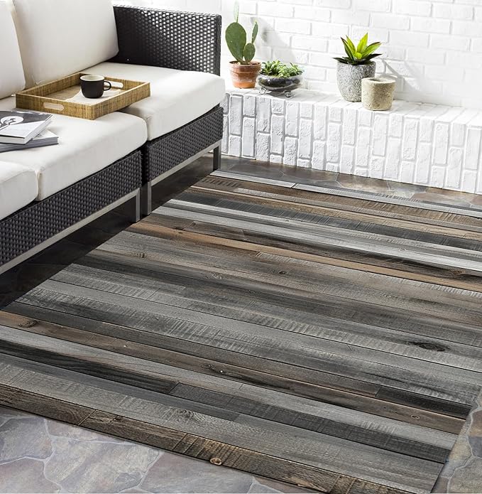 Rustic Washable Wooden Board Outdoor Area Rug 7x9 Natural Wood Grain Outdoor Rug for Courtyard Balcony Deck Backyard Patio Front Porch Waterproof Anti Slip Lightweight Foldable Carpet Grey Brown