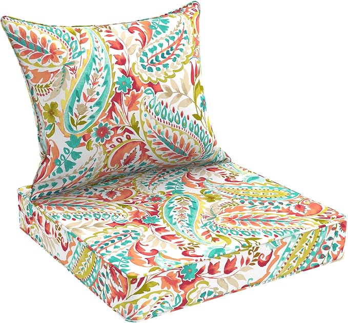 Outdoor Deep Seat Cushion Set, Water Repellent 24"x24" Patio Thick Cushions Replacement with Seat & Back Pillow for Patio Sofa, Wicker Chair, Couch - Pretty Paisley