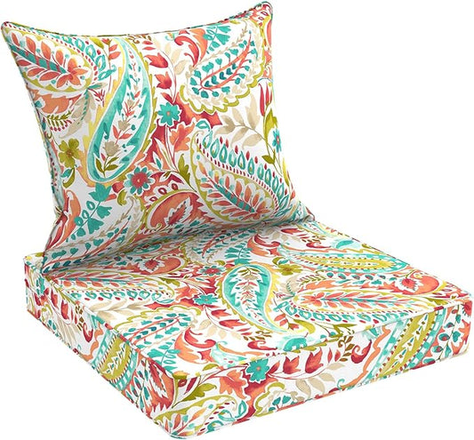 Outdoor Deep Seat Cushion Set, Water Repellent 24"x24" Patio Thick Cushions Replacement with Seat & Back Pillow for Patio Sofa, Wicker Chair, Couch - Pretty Paisley