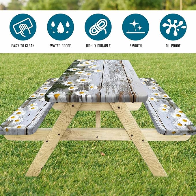 Picnic Table Cover with Bench Cover, Outdoor Patio Camping Essentials Farmhouse Daisy Wooden Table Covers with Elastic Waterproof Camping Tablecloth with Drawstring Bag, 60In 3PCS