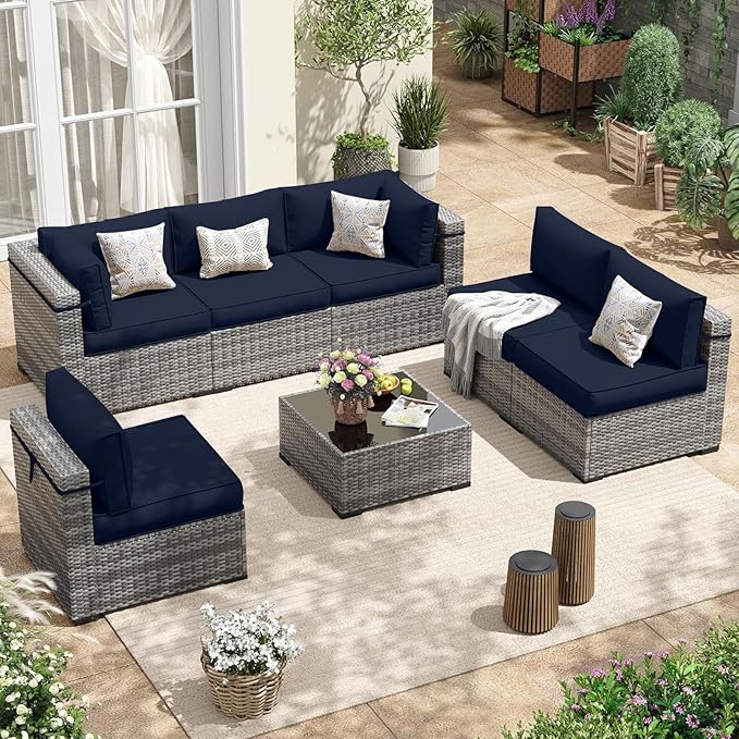 Patio Sectional Cushions, 14-Piece Replacement Cushions for Outdoor Furniture, Water-Resistant Outdoor Sofa Cushion for 6-Seat Rattan Wicker Sectional Conversation Sets (Navy Blue)