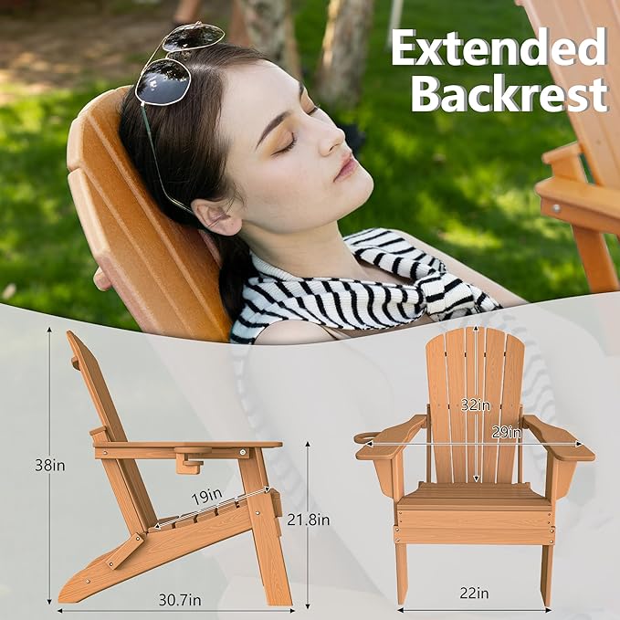 Plawdlik Folding Adirondack Chair Set of 6 with Cup Holder，Wooden Textured ，Heavy All-Weather HDPE Comfortable Set Poolside Backyard Lawn, Teak