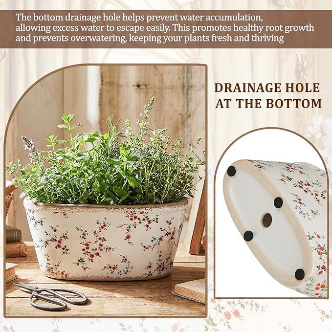 8.6" Large Vintage Ceramic Planter Ice Cracked Farmhouse Rectangle Pots with Drainage Hole Pots for Indoor Outdoor Plants Home Kitchen Windowsill Office Shelf Rustic Decor Gift(Wildflower)