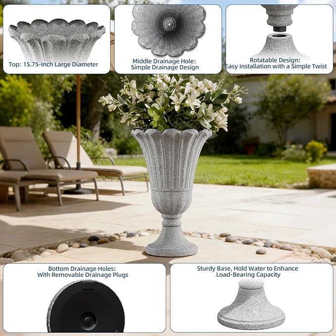 Tall Plastic Urn Planters for Outdoor Plants Set of 2-23.6" H Classic Petal Design Indoor Large Flower Pots with Drainage Holes, Outdoor Planters for Porch Decor/Garden Vase, Grey