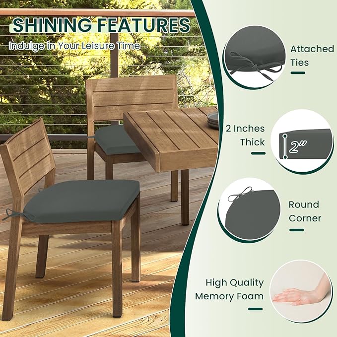 HARBOREST Outdoor Chair Cushions Set of 4, Water Resistant Patio Chair Cushions with Ties, Outdoor Seat Cushions for Patio Furniture, 17"x16"x2", Dark Grey