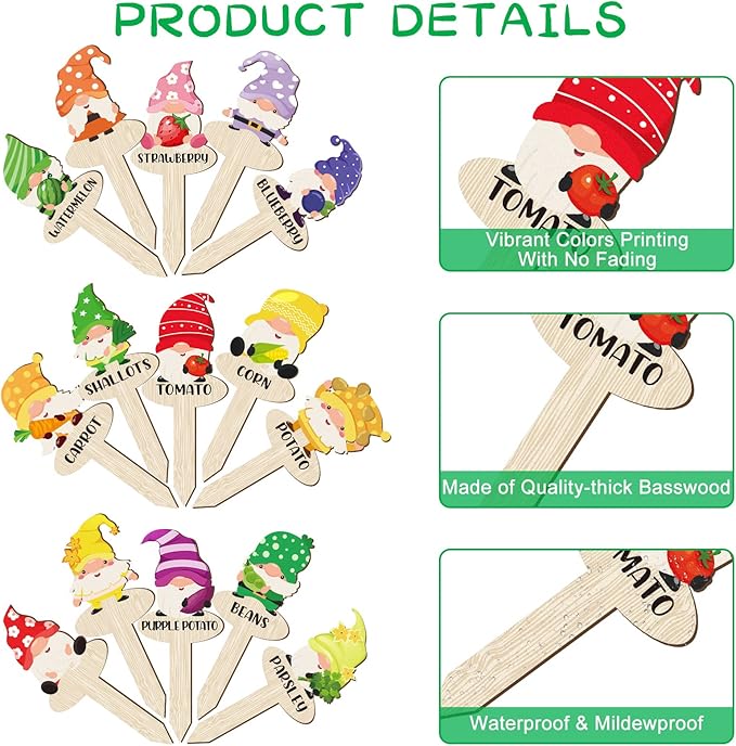 Qunclay 30 Pcs Gnome Plant Markers Funny Wood Garden Labels T Type Plant Labels Markers for Vegetables Flowers Outdoor Stakes Supplies for Gardening Gifts