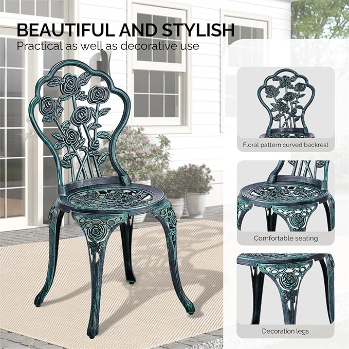 Outvita Patio Table and Chairs Set, Cast Aluminum Outdoor Cafe Table and Chairs Set of 3, Stability Patio Bistro Sets with Umbrella Hole for Garden, Patio, Balcony, Rose Pattern Bronze