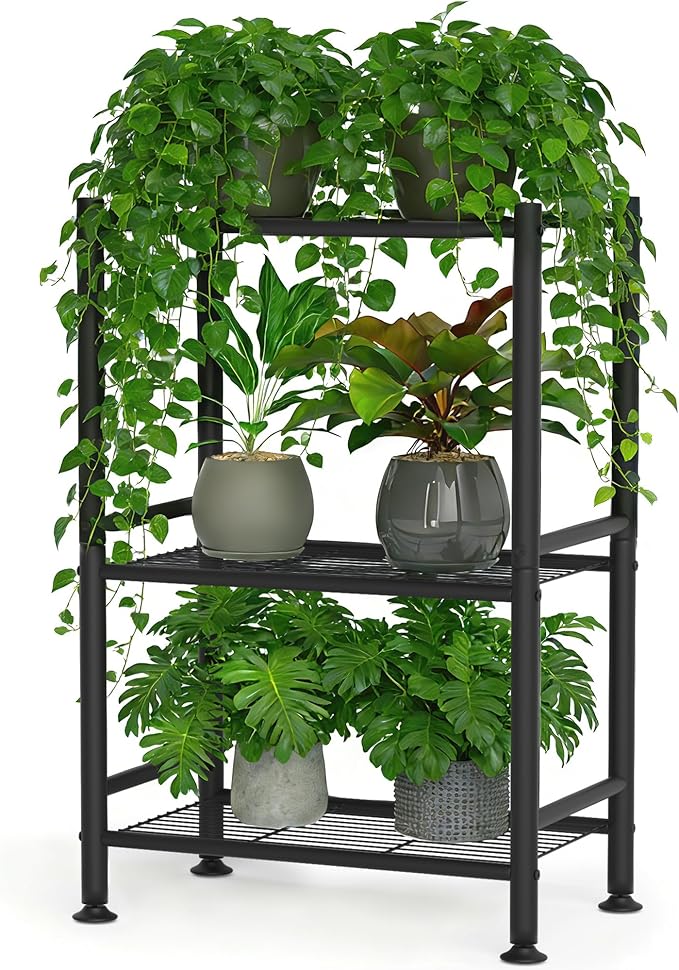 3-Tier Plant Stand Indoor, Metal Outdoor Plant Stands for Patio, Space Saver, Tiered Plant Shelf for Garden Balcony Living Room Bedroom, Black