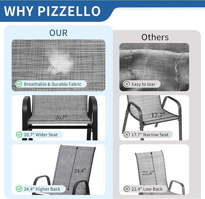 PIZZELLO Patio Chairs Set of 6 - Outdoor Stackable Dining Chairs for All Weather - Breathable Textilene Outdoor Chair Sets with Curved Armrests - 300Lbs Capacity - for Lawn Backyard Garden (Grey)