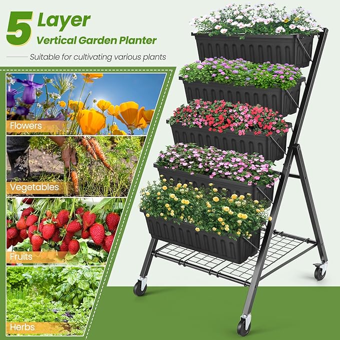 Suyncll Vertical Raised Garden Bed Planter Box, 5 Tiers Vertical Garden Planter with Drainage System and 4 Hooks for Plants Vegetables Flowers (Black with Storage Shelf & Wheels)