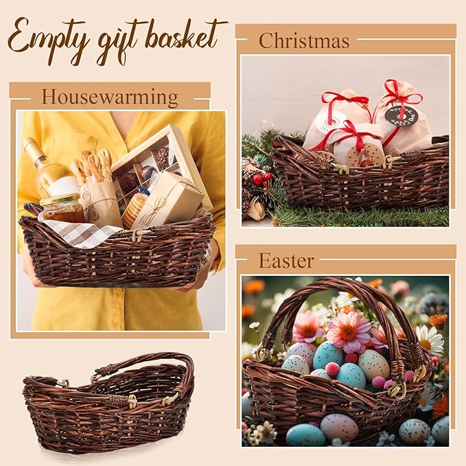 Sintuff 6 Pcs Wicker Picnic Basket with Handle Garden Harvest Empty Easter Eggs and Candy Basket Oval Willow Woven Storage for Organizing, Fruit Egg Storage Gathering Wedding Gifts(Dark Brown)
