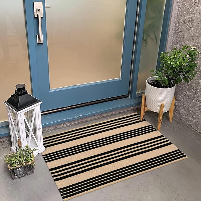 OJIA Front Door Mat Outdoor 24''x35'' Washable Front Door Rug Black and Tan Entry Rug Indoor Outdoor Rugs Doormat Cotton Woven Striped Small Area Rugs for Porch/Bathroom/Farmhouse/Home Entrance