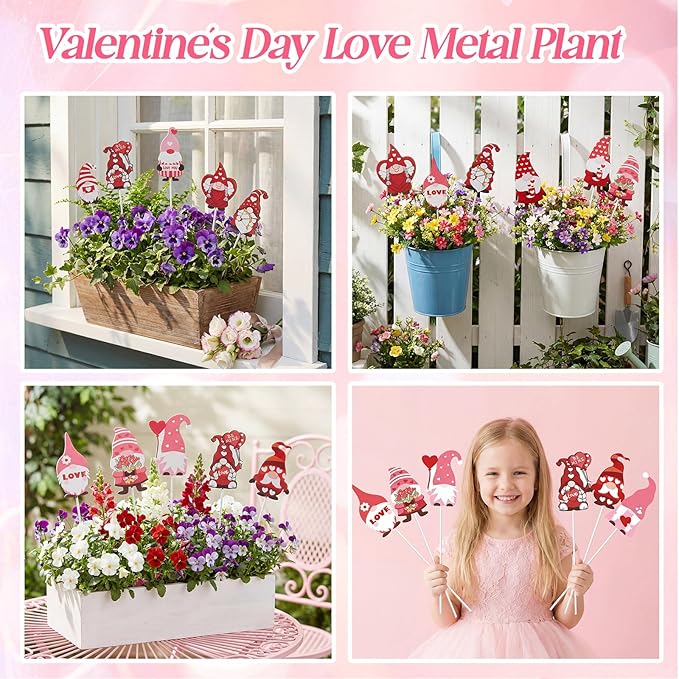 Novabright 12 Pcs 12'' Valentine's Day Metal Gnomes Yard Planter Stakes Valentines Gnomes Garden Stakes Potted Plant Signs Outdoor Decorations for Planter Pot Lawn Patio Wedding Party Decor