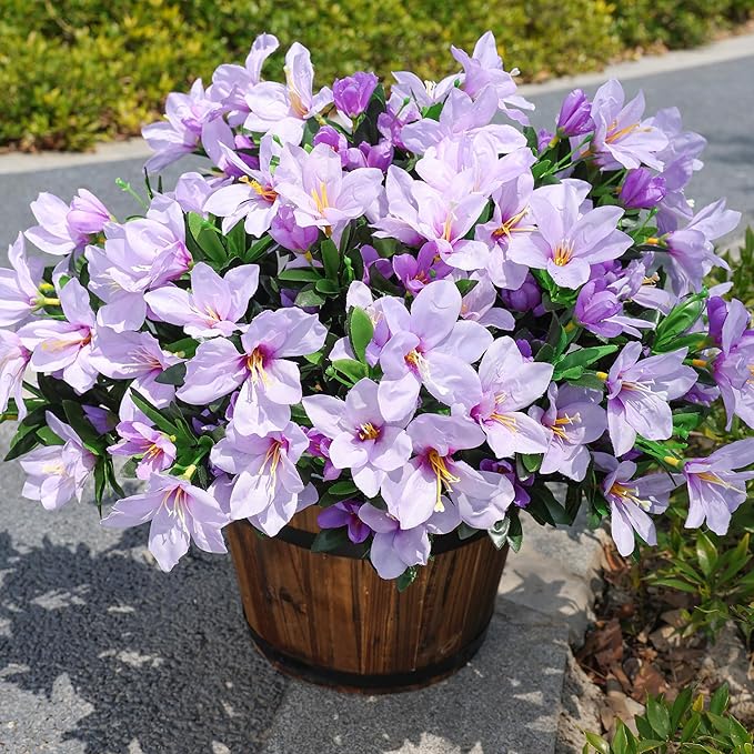 INSPRING Artificial Fake Flowers for Outdoors Spring Summer Decor, Faux Azalea Plants 3 Bundles Silk Flowers UV Resistant Realistic Outdoor Flower for Planters Porch Patio Garden Window Walkways Home