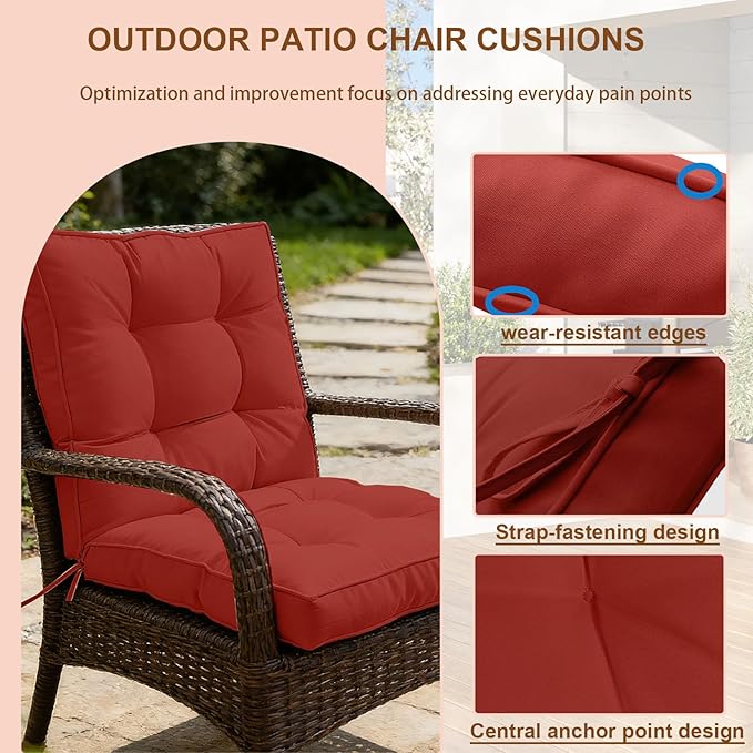 2 Piece Outdoor Patio Chair Cushions, Fade Resistant Outdoor Cushions for Patio Furniture, 6 inch Thickened Rocking Chair Cushions Set (Red, 24x24x6 inch - 2 Pieces)