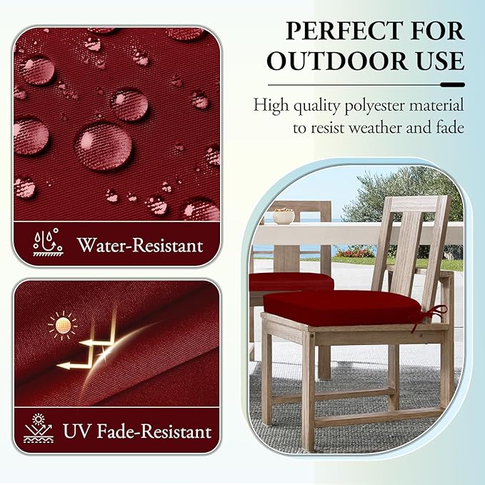 Wellsin Outdoor Chair Cushions for Patio Furniture - Patio Chair Cushions Set of 6 - Water Resistant Round Corner Outdoor Seat Cushions 17"X16"X2", Burgundy