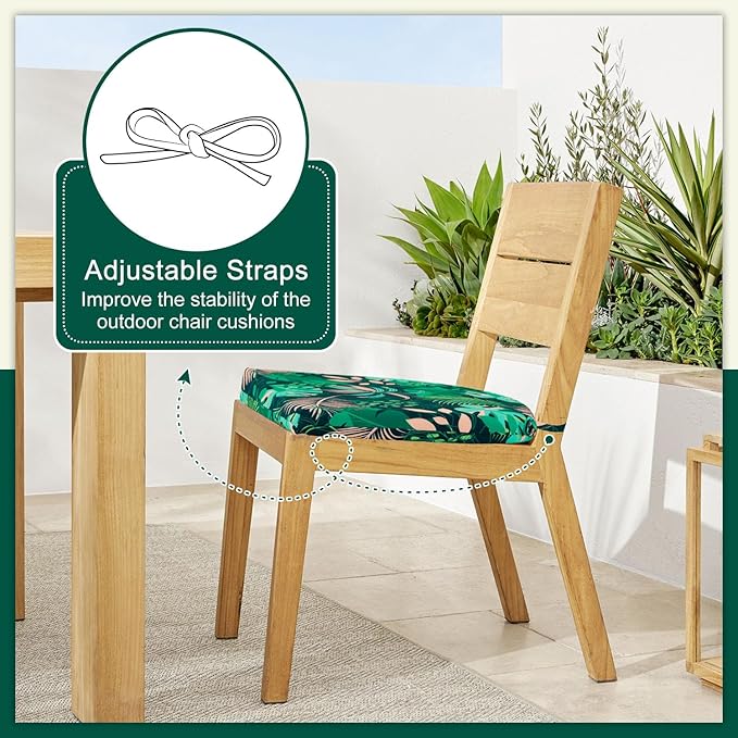 Cozyide Outdoor Chair Cushions, Waterproof Patio Seat Cushions with Adjustable Straps, Round Corner Patio Chair Cushions for Garden, Green Leaf, 17x16x2 Inch (Pack of 4)