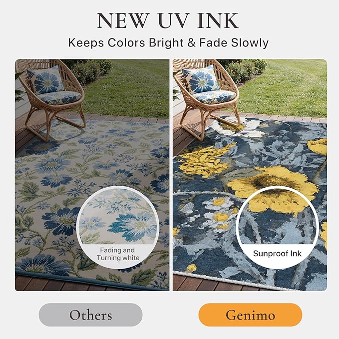GENIMO Indoor Outdoor Area Rug 6'x9', Machine Washable Rugs for Patio, Waterproof, Non-Slip Easy Cleaning Floral Outdoor Mat Carpet for Living Room, Bedroom, RV, Balcony, Deck, Camping, Blue