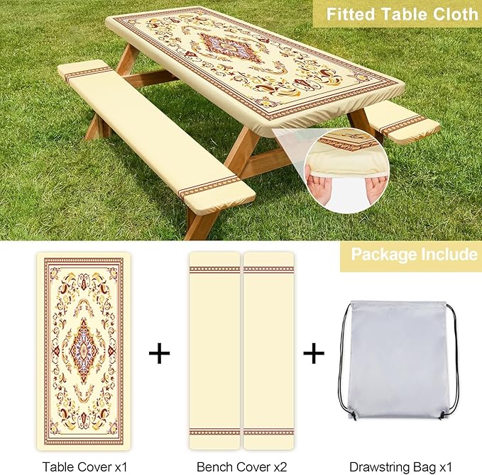 Picnic Table Cover with Bench Covers Camping Essentials Waterproof Windproof Camping Tablecloth with Drawstring Bag, Fitted Rectangle Tables and Seats, 96in, Light Brown