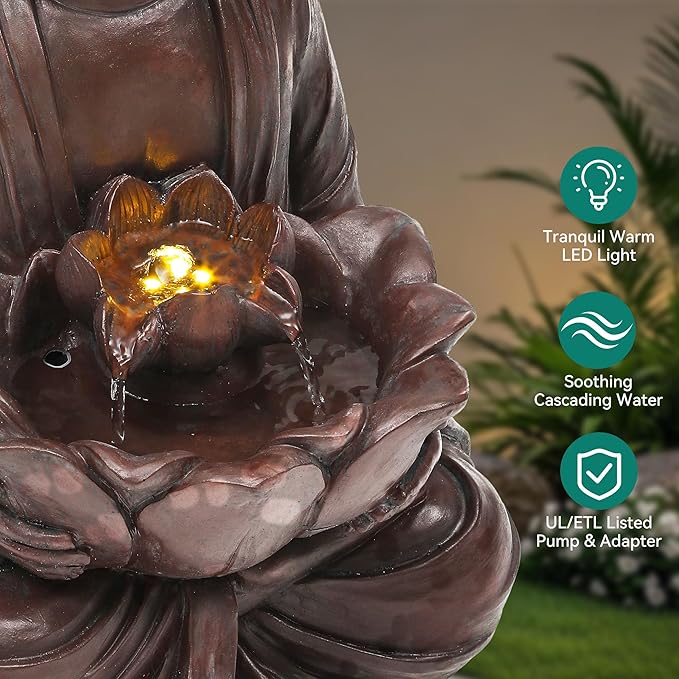 18.9" H Buddha Outdoor Water Fountain, Zen Style Garden Fountain with LED Lights and Pump, Relaxing Waterfall for Patio, Porch, or Yard Decor, Faux Bronze