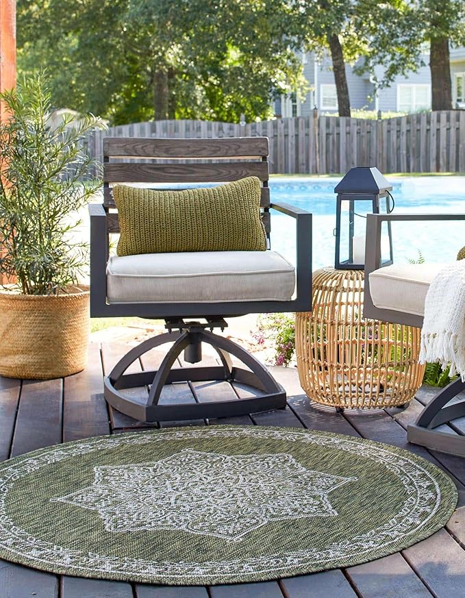 Unique Loom Outdoor Traditional Collection Area Rug - Antique (10' Round Green/Ivory)
