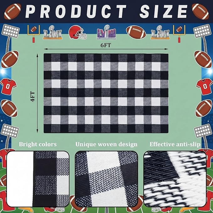 Tinideya 4' x 6' Spring Outdoor Rug Plastic Straw Front Doormat Plaid Mat Patio Deck Mat Waterproof Outdoor Rug Outside Indoor Garden Lawn Balcony Porch Holiday Decor(Plaid Buffalo, Black and White)