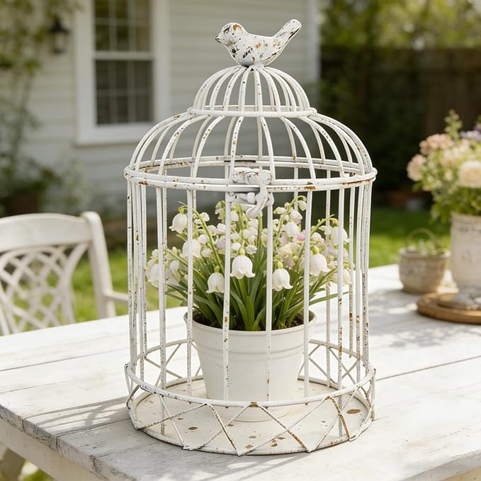 Vintage Birdcage Planter, 11.8" H Rustic Farmhouse Metal Plant Holder, Distressed White Decorative Candle Holder for Wedding Centerpieces, Garden Patio Indoor Outdoor Home Decor