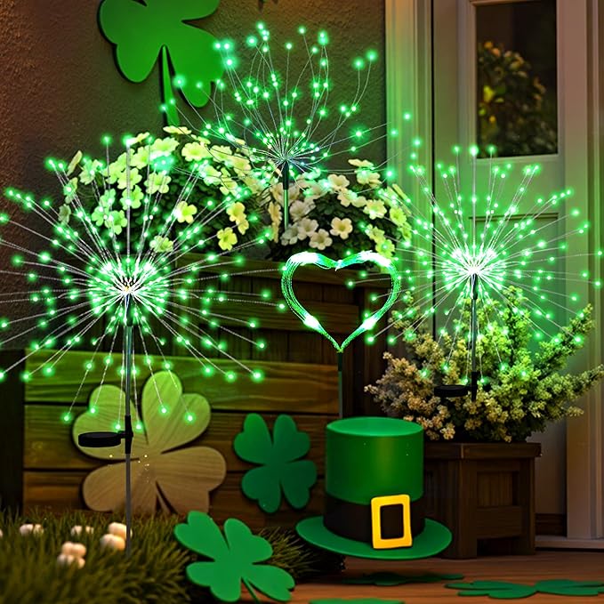 4Pack Garden Decor Outdoor Lights 120LED, Solar Garden Lights for St. Patrick's Day Outside Fairy Firework Decorative,Solar Powered for Yard Pathway Party Balcony Patio Decor (Green)