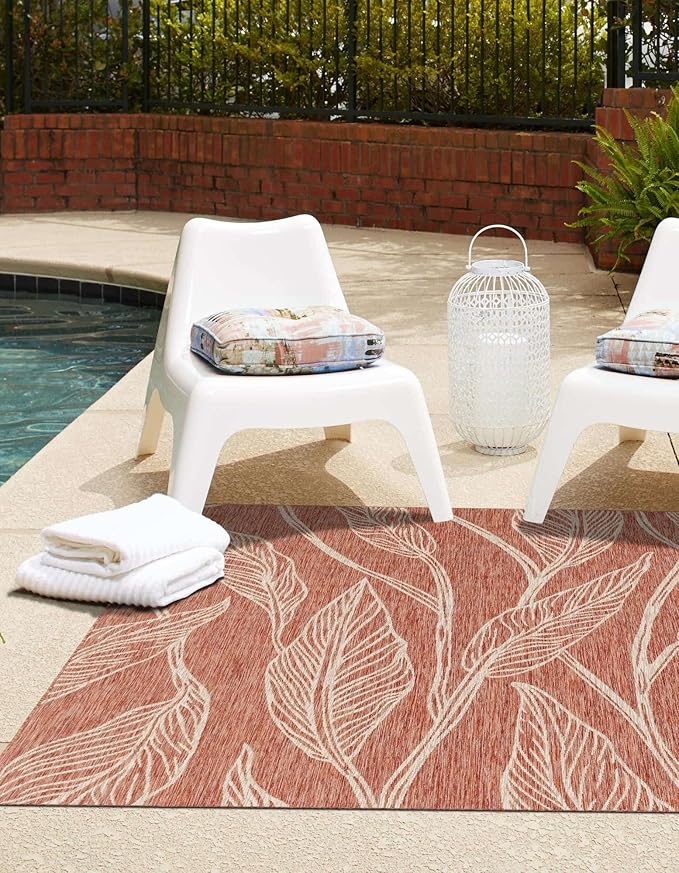 Unique Loom Outdoor Botanical Collection Area Rug - Leaf (13' Square Rust Red/Gray)