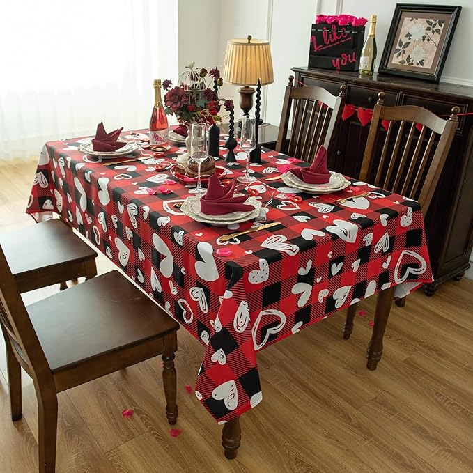 Waterproof Valentine's Day Tablecloth Fabric - Red Oblong 52x70 Inch Classic Buffalo Tartan Festive Table Cloth for Indoor Use - Gingham Table Cover for Dinner, and Parties
