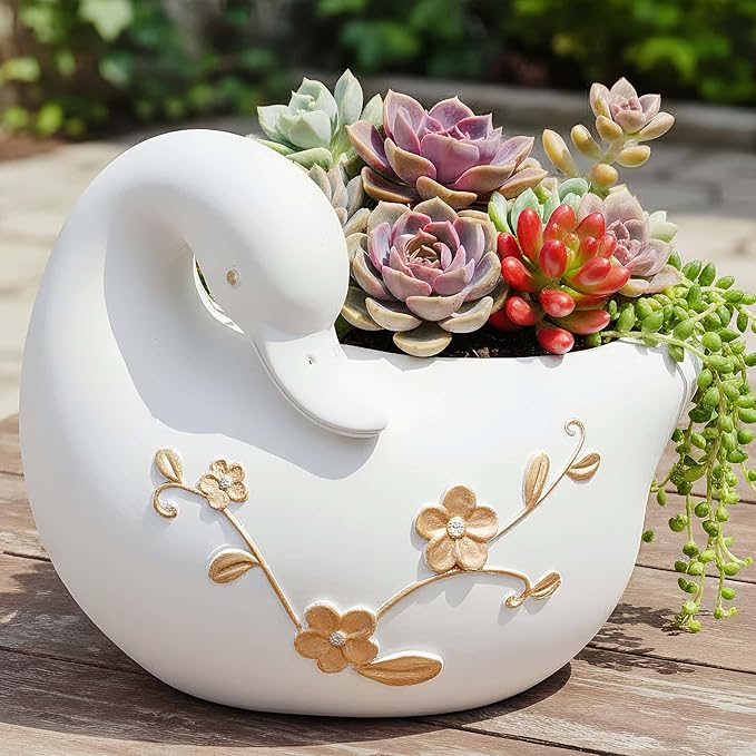 Swan Flower Pot - Unique Resin Sculpture, Enchanting Decorative Garden Planter, Elegant Swan Vase for Succulents & Air Plants, Indoor/Outdoor Use, Durable & Whimsical Design (White)