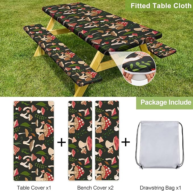Picnic Table Cover with Bench Covers Camping Essentials Waterproof Windproof Camping Tablecloth with Drawstring Bag, Fitted Rectangle Tables and Seats, 60in, Black Red