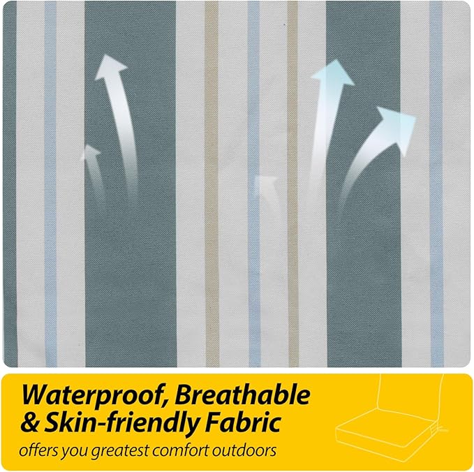 AAAAAcessories Outdoor Seat Cushions for Chairs, Fade-Resistant, Waterproof Patio Furniture Replacement Cushions, 22" x 24" x 5" + 22" x 19", Slate Gray Blue Coastal Stripe