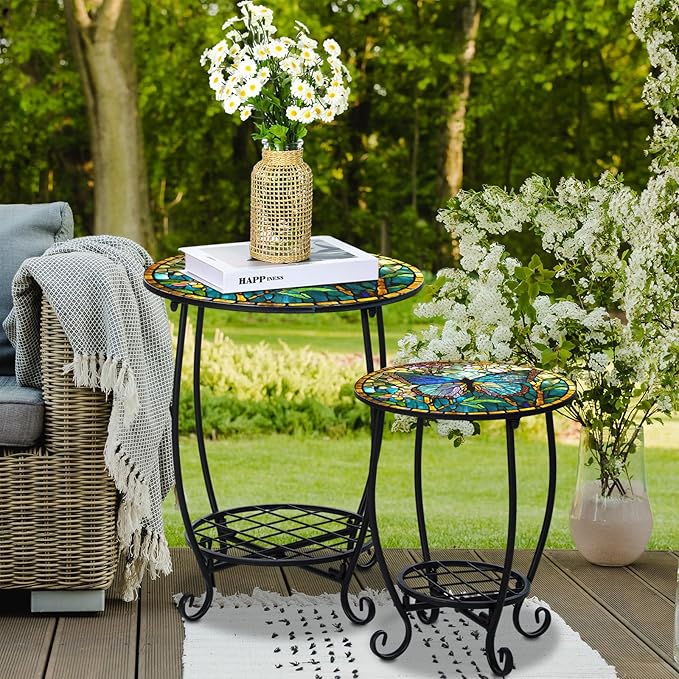 2 Pcs Outdoor Side Table Small Patio Round Mosaic Accent Indoor End Table Plant Metal Coffee Tea Tables for Patio Yard Porch Garden Living Room(12" and 16",Butterfly Style)