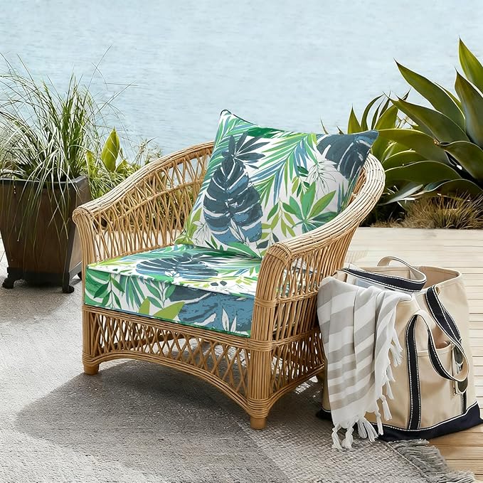Outdoor Deep Seat Cushion Set, Water Repellent 22"x22" Patio Thick Cushions Replacement with Seat & Back Pillow for Patio Sofa, Wicker Chair, Couch - Islamorada Blue Green