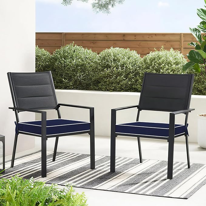 Basic Beyond Outdoor Chair Cushions for Patio Furniture, Waterproof Outdoor Seat Cushions Set of 4 19 x 19, Patio Chair Cushions Set of 4 with Ties and Handle, Navy Blue/White