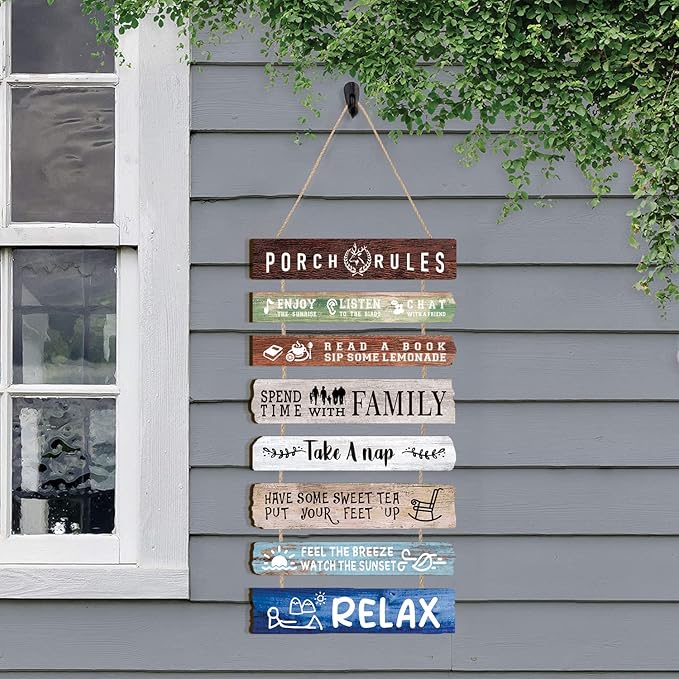 HLNIUC Porch Rules Wall Decor,Relax Sign Wooden Plaques,Inspirational Hanging kits,Family Positive Sayings Wooden Wall Art set of 8(19x12inch) Farmhouse Decor For Garden Yard Porch Home Decor