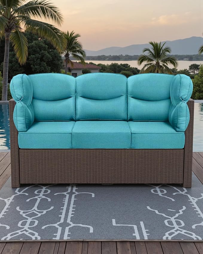 Luxury 24x24x6 Outdoor Corner Cushion 1 Set - Water-Repellent 3-Piece Cushion Set with Zipper for Outside Wicker Sofa Loveseat Chair Sectional Patio Conversation Sets - Turquoise/Smile