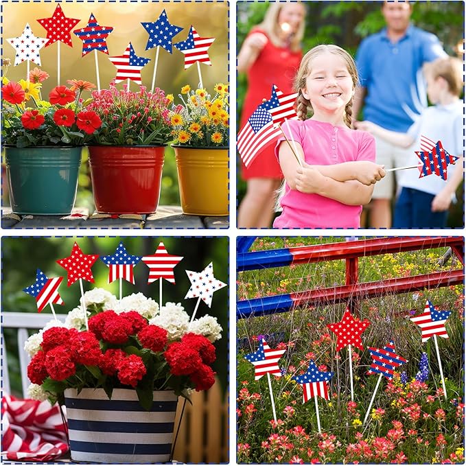 JarThenaAMCS 9Pcs Patriotic Star Metal Planter Stakes 4th of July Decorative Garden Stakes Star and Stripes Yard Sign for Planter Pot Walkway Lawn Independence Decor