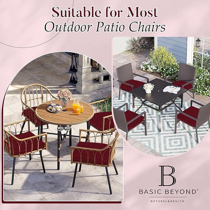 Basic Beyond Outdoor Cushions for Patio Furniture: Waterproof & UV Resistant Outdoor Chair Cushions Set of 4-19 x 19 x 3 Inch Thick Patio Chair Cushions with Adjustable Ties & Handle, Burgundy