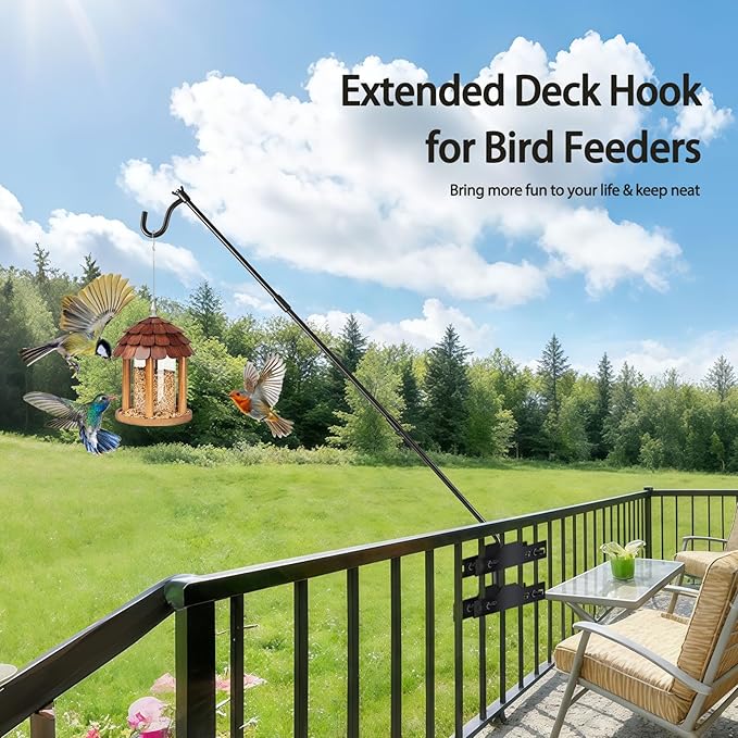 Deck Hook, Heavy Duty Hummingbird Feeder Hanger, 31 Inch Extended Adjustable, Solid Steel Hanging Hook for Hanging Bird Feeder, Suet Baskets, Planters, Wind Chimes, 360 Degree Rotary, 2 Pack