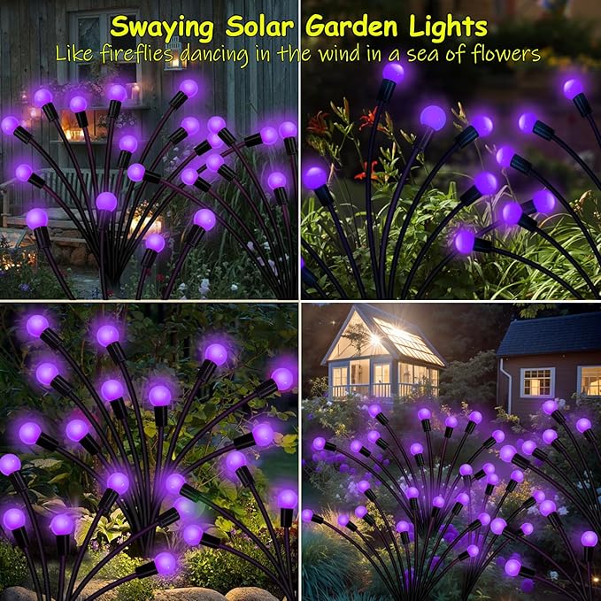 Kohlrabi Solar Garden Lights Outdoor, 6 Pack 60 LED Solar Purple Firefly Lights Waterproof, Sway by Wind, Halloween Swaying Light for Yard Patio Backyard Garden Planter Flower Bed Pathway Decoration